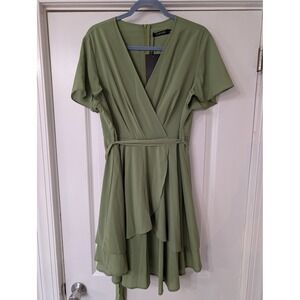KOJOOIN Womens Sage Green Wrap Dress V-Neck‎ Flutter Sleeve Tiered Ruffle XL NEW
